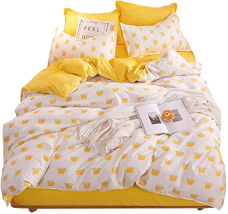 Amazon Zimawdクラウンプリントシングルベッドセットダブルベッドシーツクイーンベッドリネンキングサイズ寝具セット3pcs 4pcsイエロー 寝具カバーセット オンライン通販