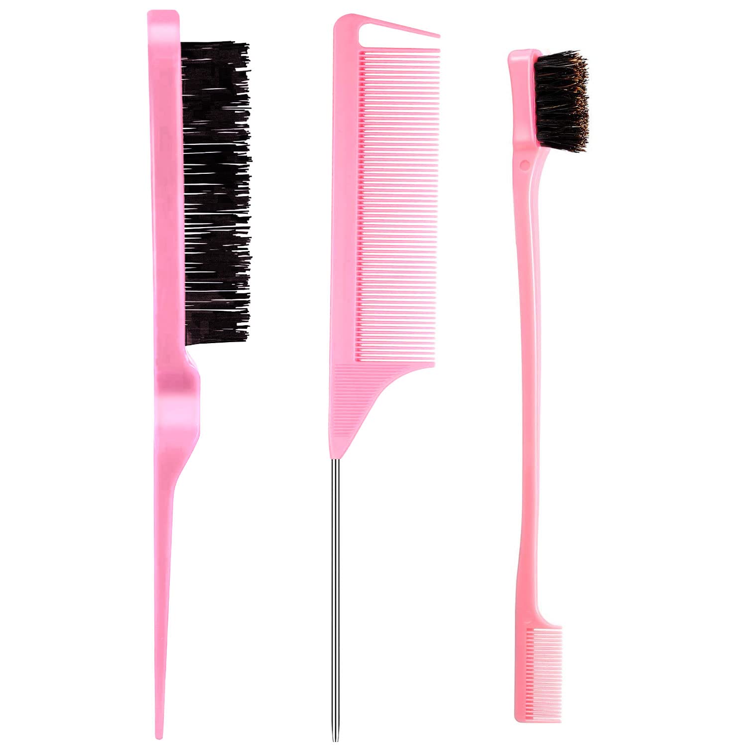 AESIFR 3 Pieces Teasing Brush Set Bristle Hair Brush 3 Row Teasing Brush Dual Edge Brush Sturdy Styling Comb Parting Comb for Brushing, Combing, Slicking Hair for Stylist Women (Pink)