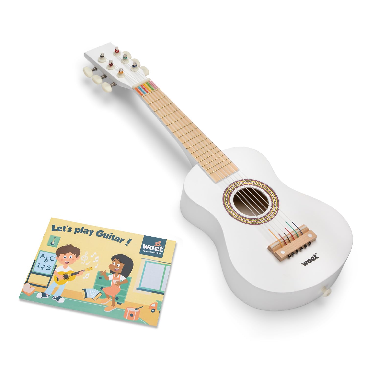Woet® White Wooden Toy Guitar for Kids, 6 Nylon Strings with Strap, Spare String and Color Song Book with 3 Songs, Beginner Educational Musical Instrument, Fun Music Gift, Age 3 Years +