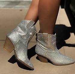 FOREVER Women Rhinestone Block Chunky Heel Ankle