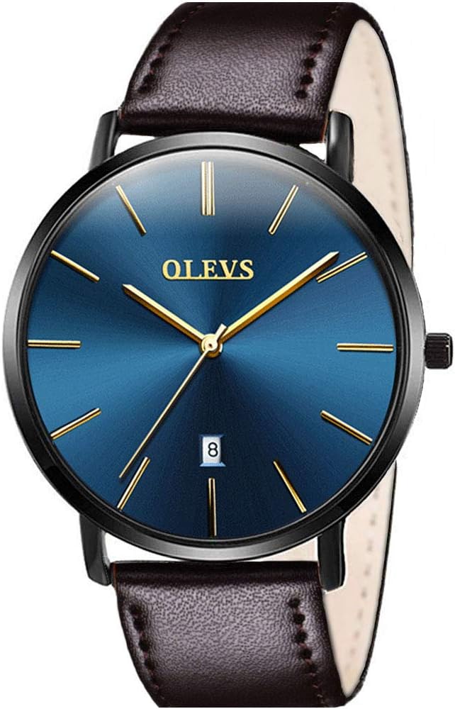 OLEVS Mens Watches Ultra Thin Minimalist Wrist Watch Analog Quartz Deep Blue Dial and Leather Band Watches - Calendar Date Waterproof Quartz Casual Watch Simple Leather Band Watch Mens