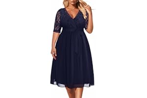 Pinup Fashion Plus Size Lace Chiffon Wrap V Neck Dresses Women Cocktail Wedding Guest Midi Dress