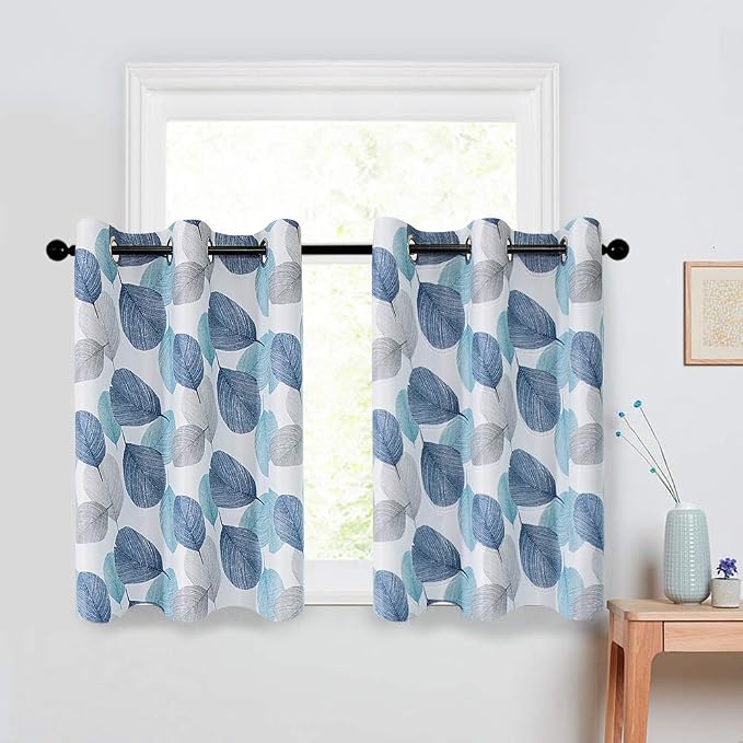 Amazon.com: Kitchen Tier Curtains 36 inch Length Blue Leaves Printed
