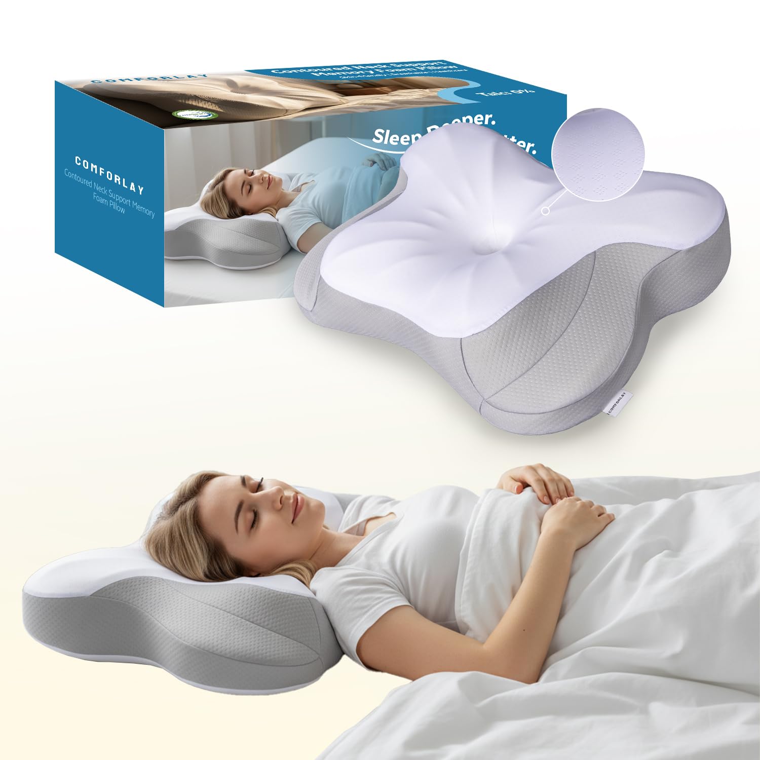 COMFORLAY Nontoxic Talc-Free Cervical Memory Foam Pillow for Neck and Shoulder, Butterfly-Shaped Ergonomic Breathable Pillow for Side Back Stomach Sleepers with Pillowcase, Skin-Friendly Fabric