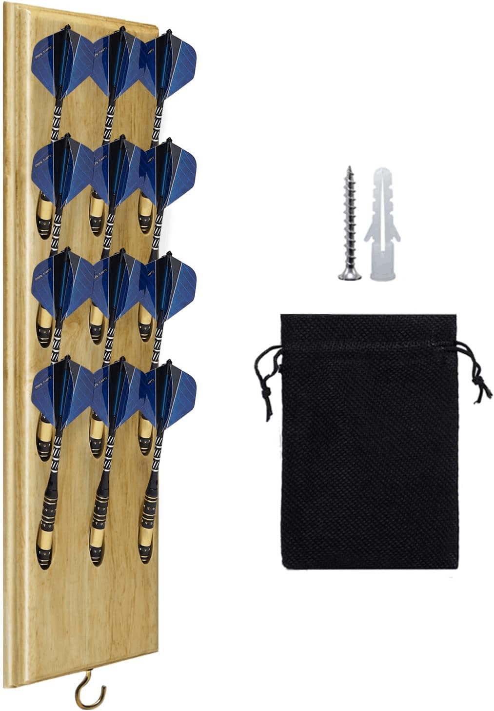 FDLS Darts Caddy Hardwood Wall Mounted Darts Holder/Stand Holder Rack with Metal Hook, Accessory Storage Bag, Displays 12 Set of Steel/Soft Tip Darts (Wood Color)