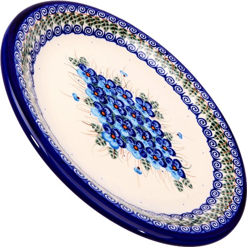 Polish Pottery Ceramika Boleslawiec, 1103/162, Dinner Plate 26, 10 1/4 Inches, Royal Blue Patterns with Blue Pansy Flower Motif