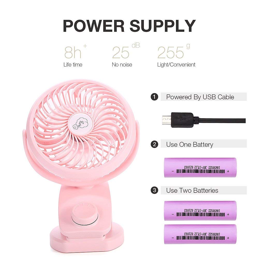 AUSEIN Ventilateur à Pince,Mini Ventilateur de Bureau avec Batterie Rechargeable, Ventilateur USB Silencieux à Rotation sur 360 ° pour la Maison, Les Voyages et Le Bureau (Rose)
