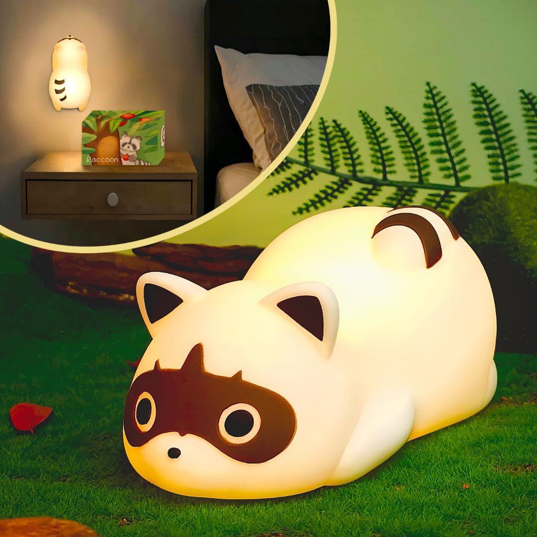 QUIGO Baby Night Light Kids Rechargeable Lamp Touch Bedside Lamp Dimmable LED Table Lamp for Bedroom Wall Decor Raccoon Baby Toys Desk Lamp Gifts for Women Kawaii Cute Aesthetic Room Decor Silicone
