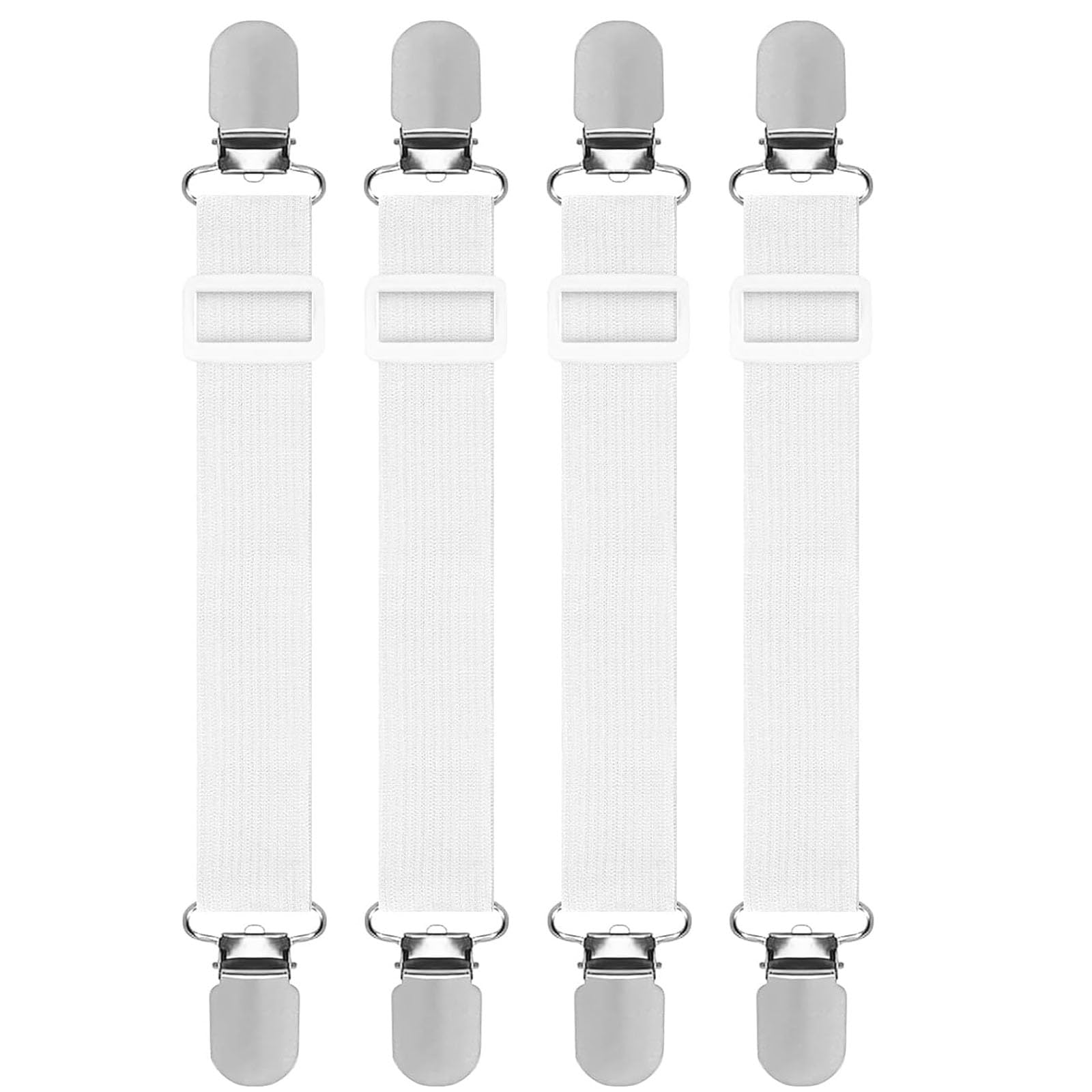 JCKD 4-piece adjustable elastic plate tensioner with metal clips at both ends to adjust shoulder straps, used for bed sheets, mattresses, ironing covers, sofas (white)