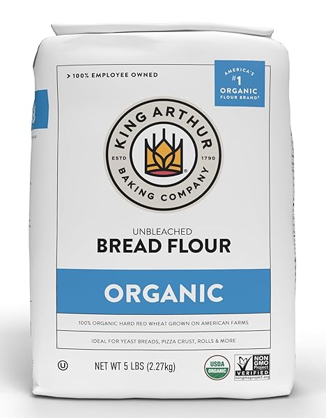 KING ARTHUR UNBLEACHED ORGANIC BREAD FLOUR – HIGH PROTEIN 12.7% FOR LOFTY YEASTED BREADS, NON-GMO, KOSHER CERTIFIED – PREMIUM BAKING FLOUR FOR ARTISAN LOAVES, PIZZA DOUGH, AND SOURDOUGH (5 LBS)