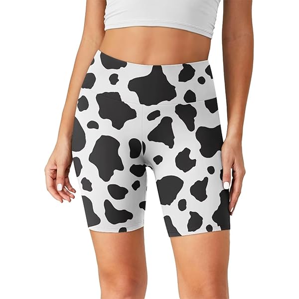 BIGCARJOB Black Cow Print High Waisted Biker Shorts for Women