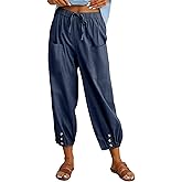 Amlztr Women's Cropped Drawstring Waist Wide Leg Loose Cotton Linen Capri Pants for Women