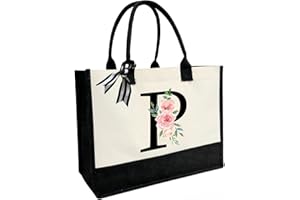 JOJHDR Initial Canvas Beach Tote Bag with Printed letter,Personalized Gifts for Women,Mom,Friends,Teachers and Bridesmaids