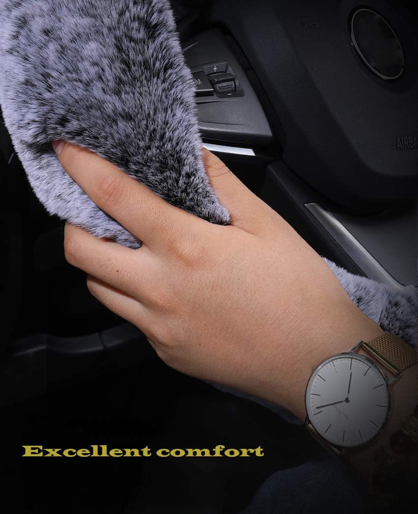 3Pcs Set Womens Winter Fashion Wool Fur Soft Furry Steering Wheel Covers Blue Fluffy Handbrake Cover Gear Shift Cover Fuzz Warm Non-slip Car Decoration Long Hair: Automotive