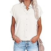 Womens Work Blouses Cap Sleeve Button Down Tops V Neck Collared Casual Business Plain Basic Summer Shirts