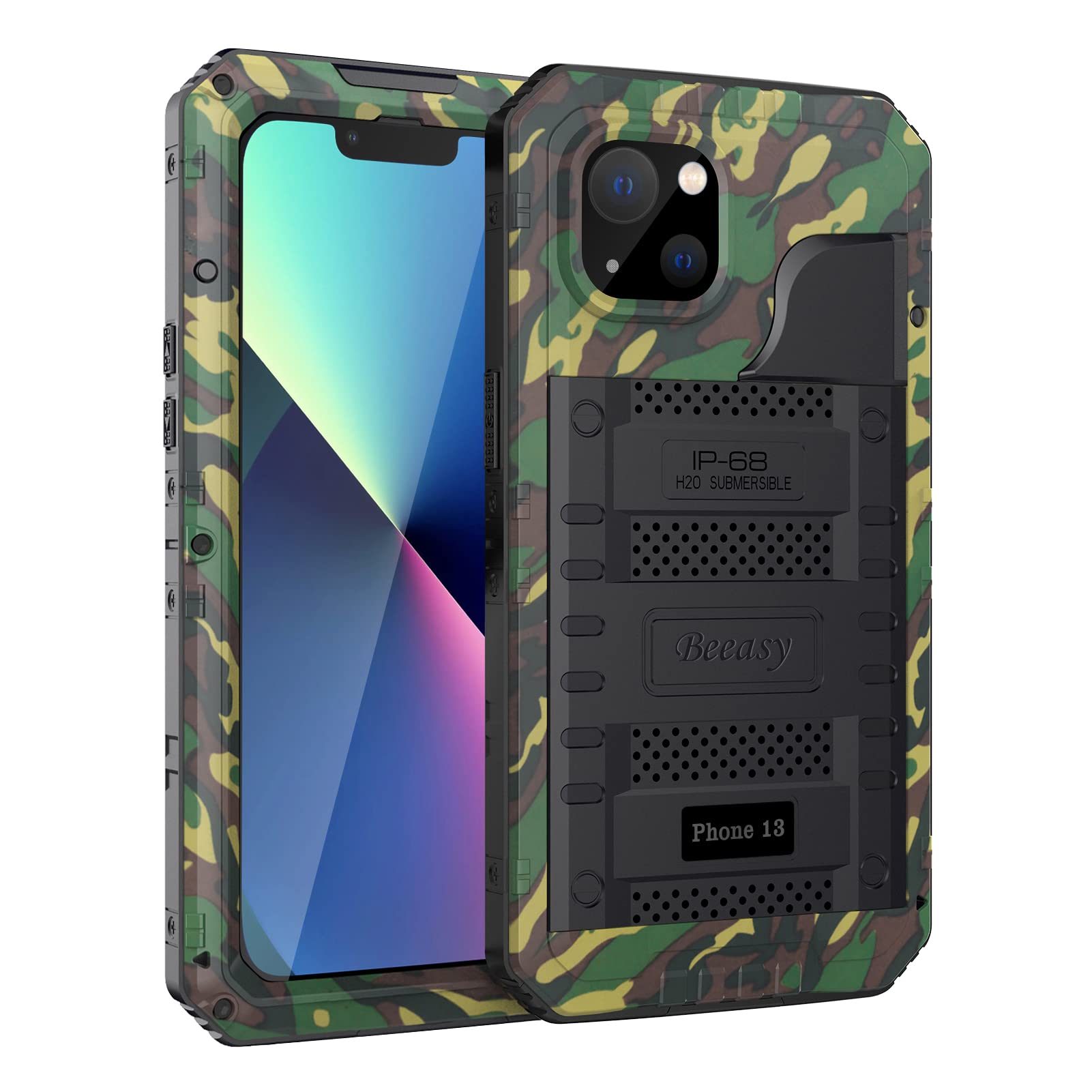 Beeasy for iPhone 13 Case Waterproof Heavy Duty Shockproof Tough Metal Armour Cover Dustproof Built-in Screen Protector, Robust 360 Full Body Military Protective Rugged Case for iPhone 13,Camo