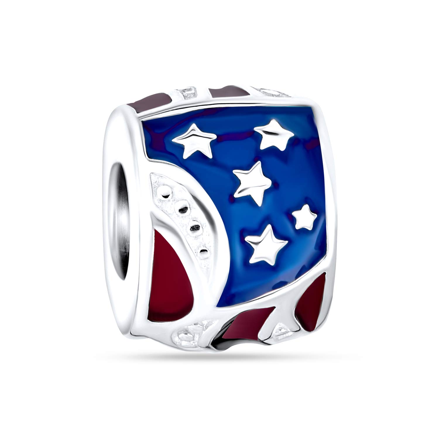 Bling Jewelry Red White Blue Stripe Holiday American USA Patriotic Flag Star Charm Barrel Bead For Women Teens .925 Sterling Silver Fits European Bracelet