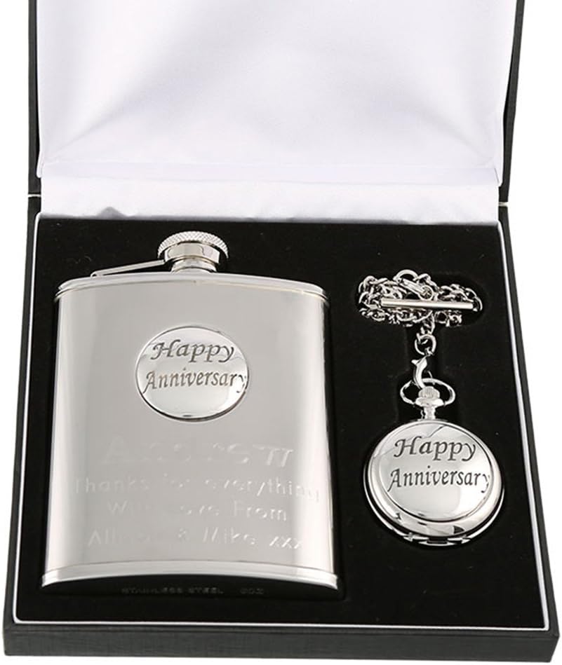 Engraved 40th Pewter Happy Anniversary Feature Pocket Watch & Hip Flask Gift Set