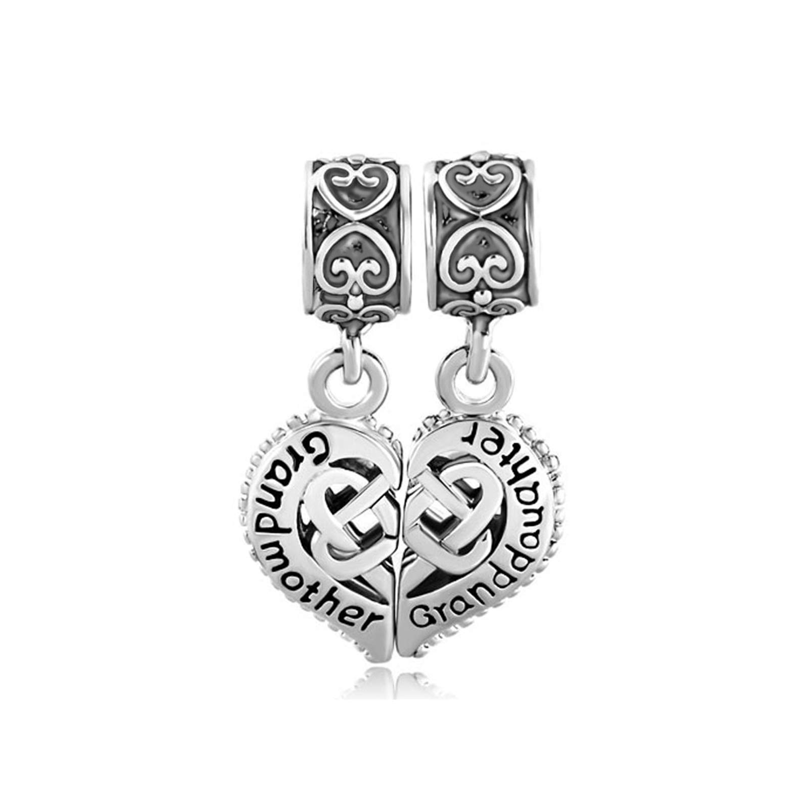 2PCS Grandmother Granddaughter Love Heart Dangle Charm Compatible with Pandora Charms Bracelets Family Grandma Mothers Day