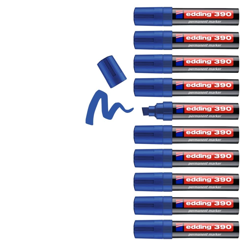 edding 390 permanent marker - blue - box of 10 - wide chisel nib 4-12 mm - waterproof, quick-drying - multi-purpose marker, universal pen - for cardboard, plastic, wood, metal, glass, pebbles, canvas