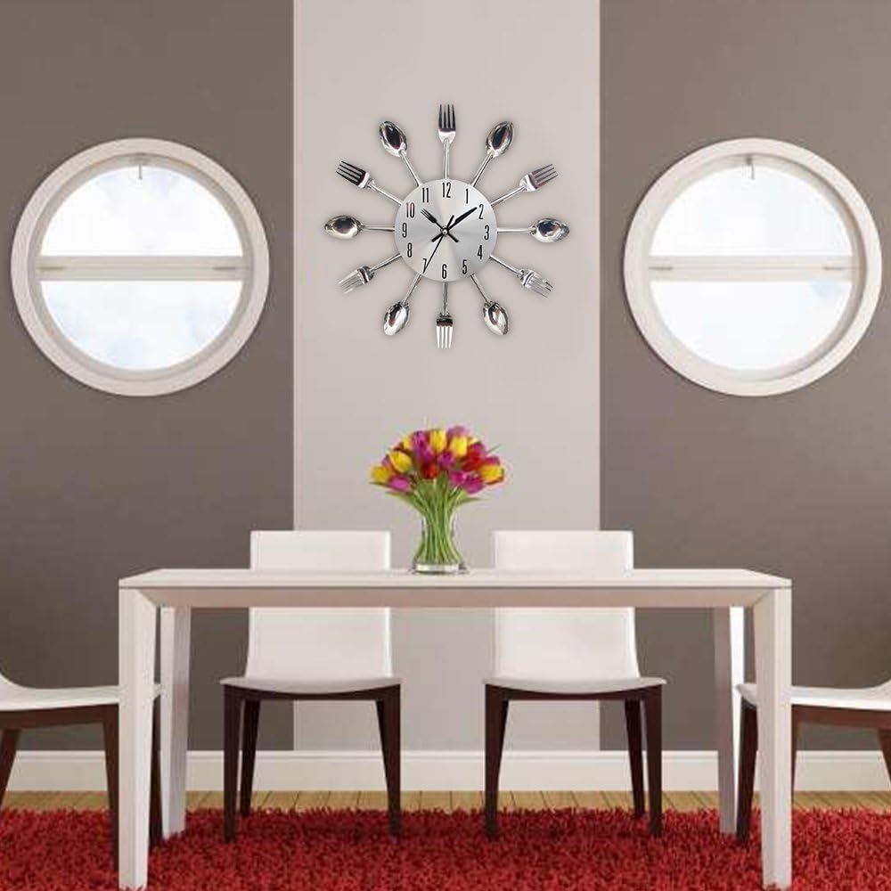 Timelike Kitchen Wall Clock, 3D Removable Modern Creative Cutlery Kitchen Spoon Fork Wall Clock Mirror Wall Decal Wall Sticker Room Home Decoration (Sliver): Home & Kitchen