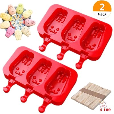 Sakolla Homemade Popsicle Silicone Molds with Lid, BPA Free Ice Cream Bar Mold, 3 Cavities Silicone Ice Pop Mold with 40 Wooden Sticks, Set of 2 