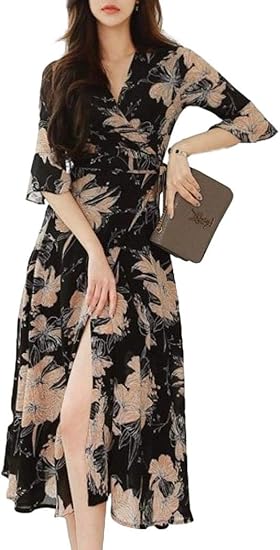 Amazon アイラカリラ イラ ロング ボタニカル ワンピース 七分袖 ベルスリーブ Vカット マキシ スリット 花柄 パーティ リゾート ドレス レディース イブニングドレス 通販
