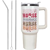 Ceovfoi 40 oz Nurse Vacuum Insulated Water Bottle Travel Coffee Mug Cup Tumbler with Handle Lid and Straw,Nurse Gifts for Women