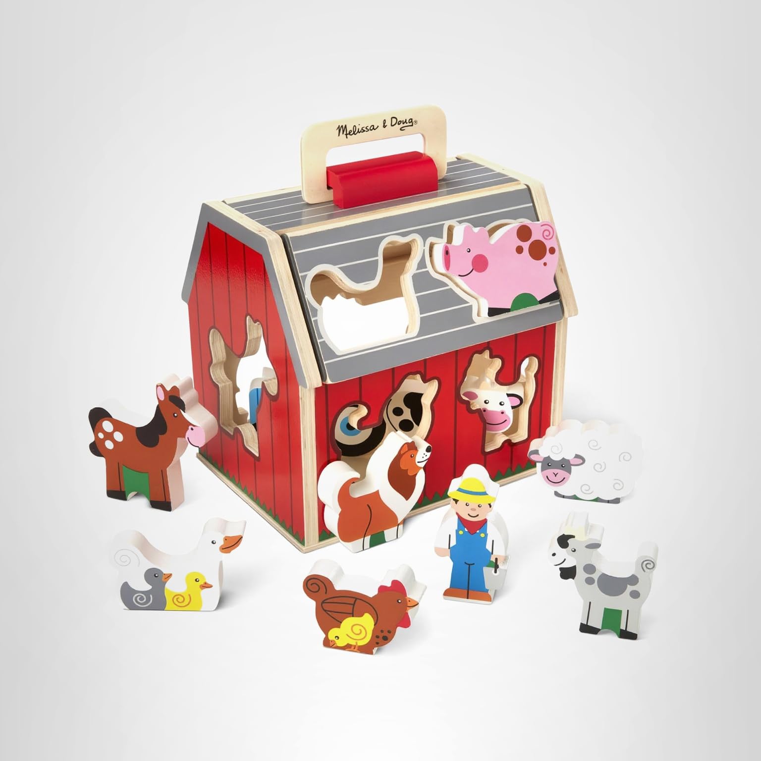 Melissa & Doug Take-Along Wooden Toy Barn, 11-Pc Portable Toddler Playset with Farm Animals & Pop-Up Roof, Preschool Learning Toys for Girls & Boys 2+