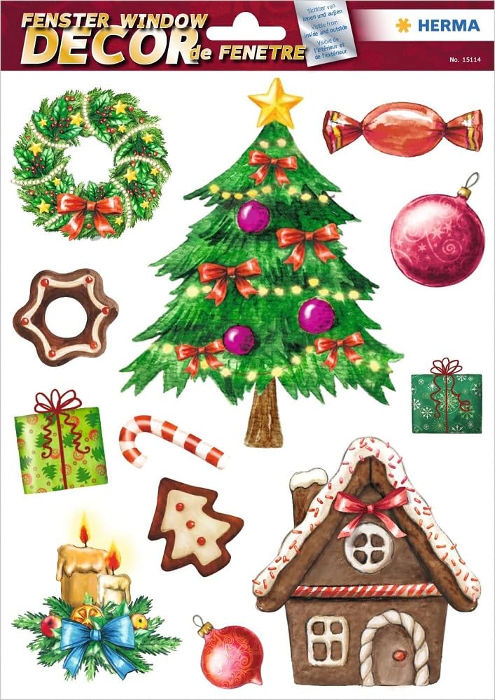 HERMA 15114 Window Stickers Christmas Tree Gingerbread Pack of 12 Self-Adhesive Children's Window Stickers Removable Winter Window Sticker Window Film Children's Room Decoration Christmas Decoration