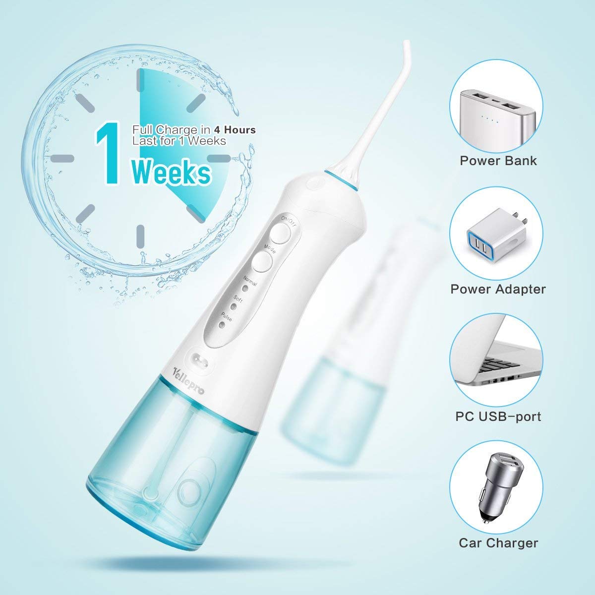 Vellepro Cordless Water Flosser Portable Dental Oral Irrigator USB Rechargeable With Professional 3 Modes & 4 Jet Tips Teeth Cleaner & Tips Box IPX7 Waterproof for Home and Travel