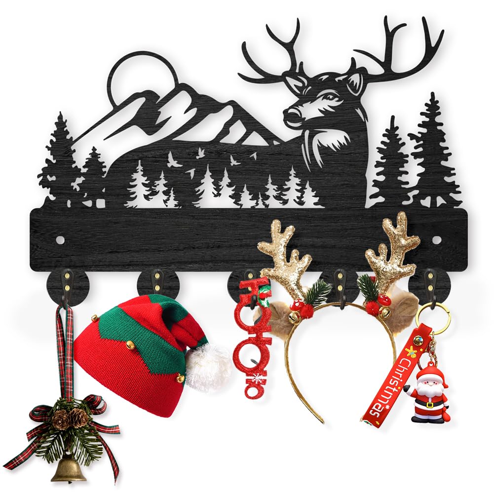 MAYJOYDIY Deer Coat Rack Wall Mount, Wooden Coat Hooks, Forest Mountain Wall Art Decor 5 Alloy Hooks 30×20cm for Living Room Hallway Office