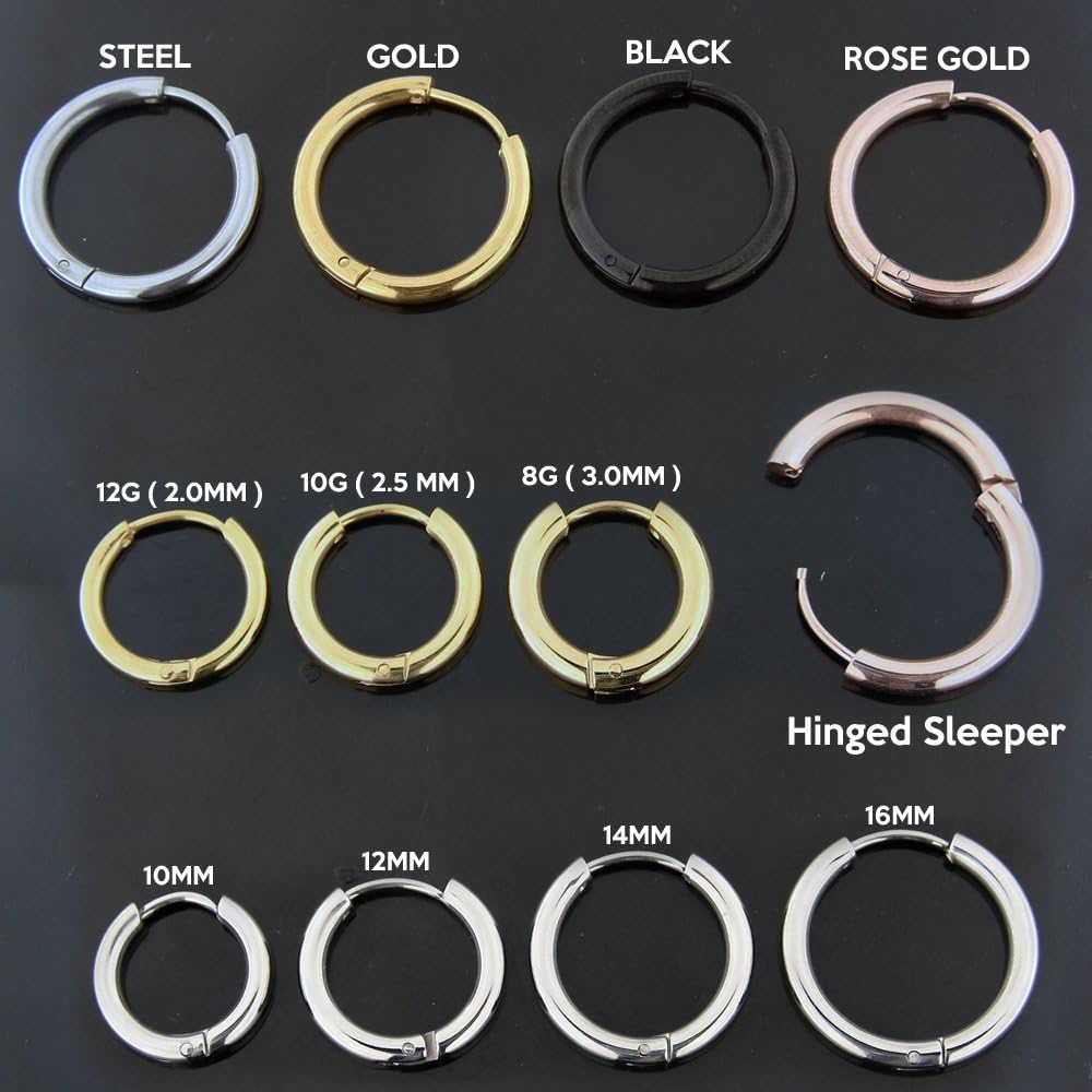 AZARIO London 10 Gauge (2.5MM) - 10MM Gold Anodized 316L Surgical Steel Hinged Sleeper Continuous Hoop Earrings Piercing Jewellery - Image 4