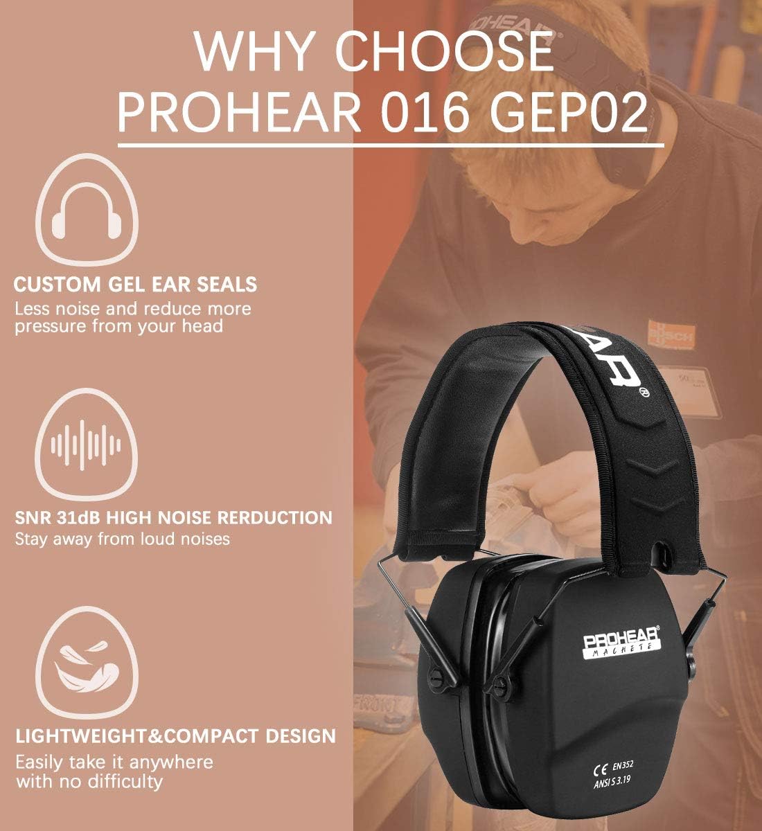 PROHEAR 016-GEP02 Shooting Ear Protection Safety Muffs with Gel Ear Seals, NRR 26dB Noise Reduction Slim Low Profile Passive Earmuffs, Folding Hearing Protector for Airsoft, Hunting (Black): Home Improvement