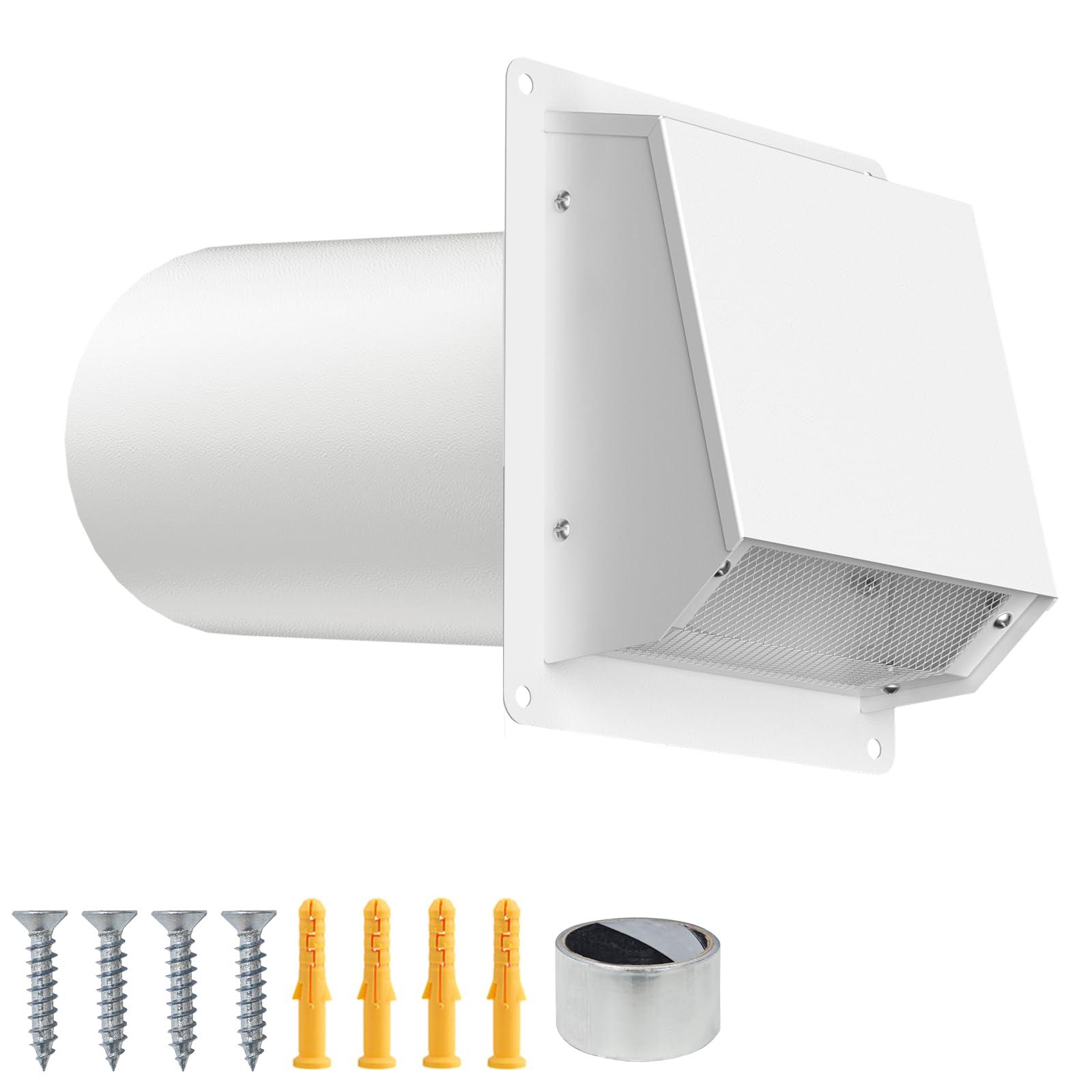 Photo 1 of 4 Inch Dryer Vent Cover Outside, Galvanized Steel Exterior Hooded Wall Vent Cover with Removable Screen & Cushioned Backdraft Flap, Exhaust Vent for House Through-Wall Dryer Vent Kit (White)