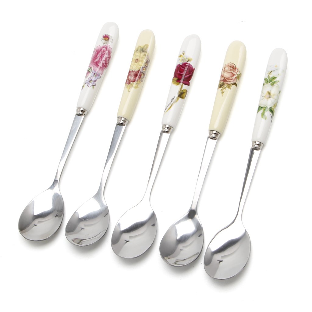 SimpleLife Ceramic Handle Spoon Stainless Steel Teaspoons | Rust Resistant | For Dessert Sundaes Ice Creams Lattes and Coffee Random Color (1 Piece)