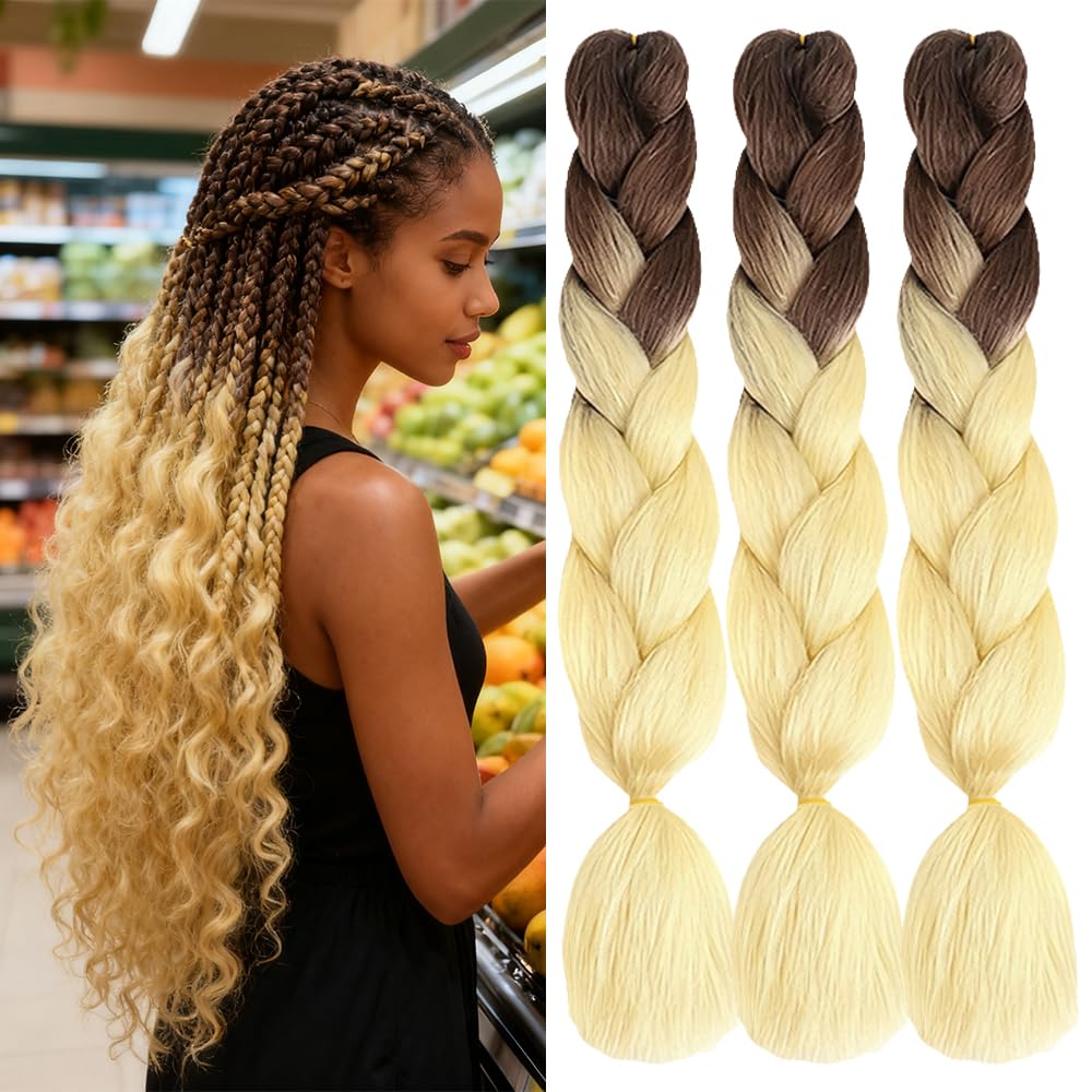 ShowJarlly Box Braid Hair Extensions, 24inch Brown/Creamy White ​Ombre Jumbo Braid Hair, 3Packs Synthetic Jumbo Braiding Hair Extension Afro Hair Extensions for Braiding Crochet Twist Braids