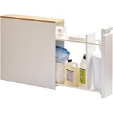 YAMAZAKI Home Pull-Out Bathroom Storage Cabinet with Wood Top, White | Slim space-saving bathroom storage cabinet with a natural wood top. Clever pull-out design. Holds 12 rolls of toilet paper.