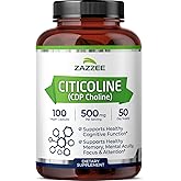 Zazzee Extra Strength Citicoline, 500 mg per Serving, 100 Vegan Capsules, Superior CDP Choline Form, 100% Vegetarian and Pharmaceutical Grade, 50-Day Supply, All-Natural and Non-GMO