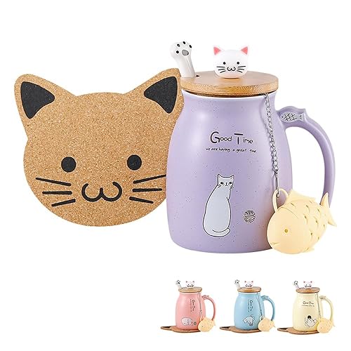 BigNoseDeer Cat Mug Kawaii Tea Cup with Infuser and Lid Purple Cat Ceramic Coffee Mug Cute Cool Preppy Stuff Birthday Gifts for Mom Gifts for Women Girlfriend Girls Cat Lover Gifts 13oz in