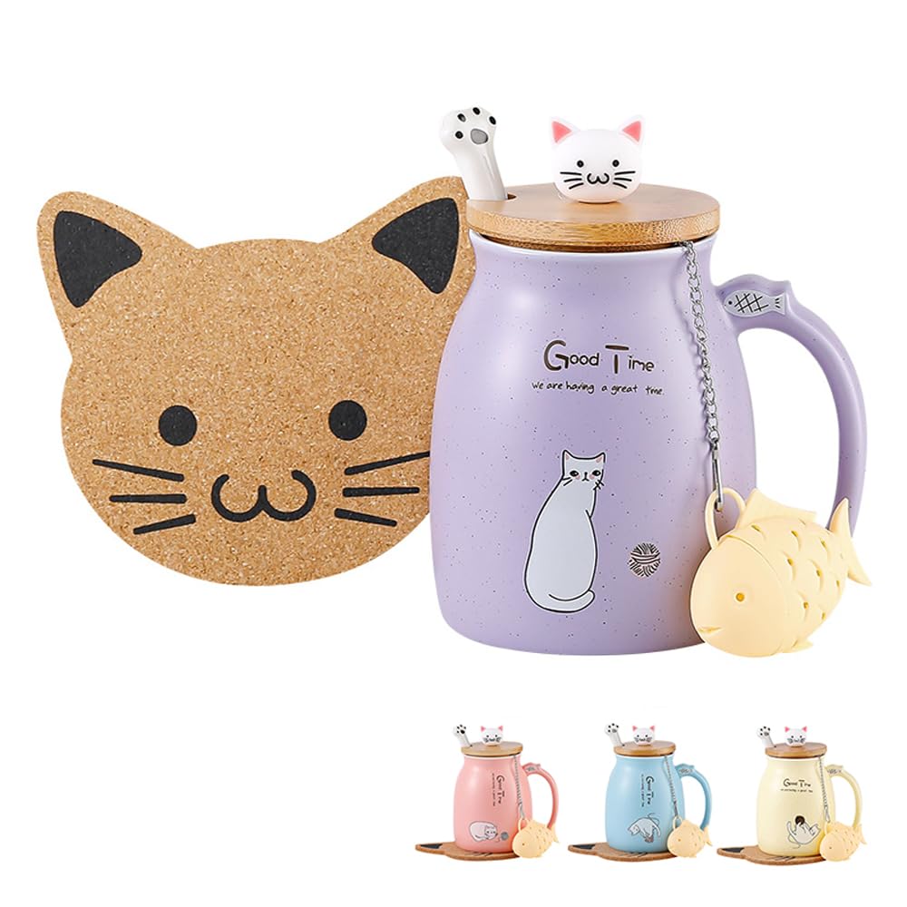 BigNoseDeer Cat Mug Cute Ceramic Coffee Cup with Lovely Kitty lid Spoon,Morning Cup Tea Milk Christmas Mug 380ML