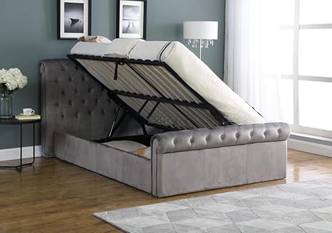 Bedzonline Chic Selina Grey Ottoman Flat Velvet Bed Frame With