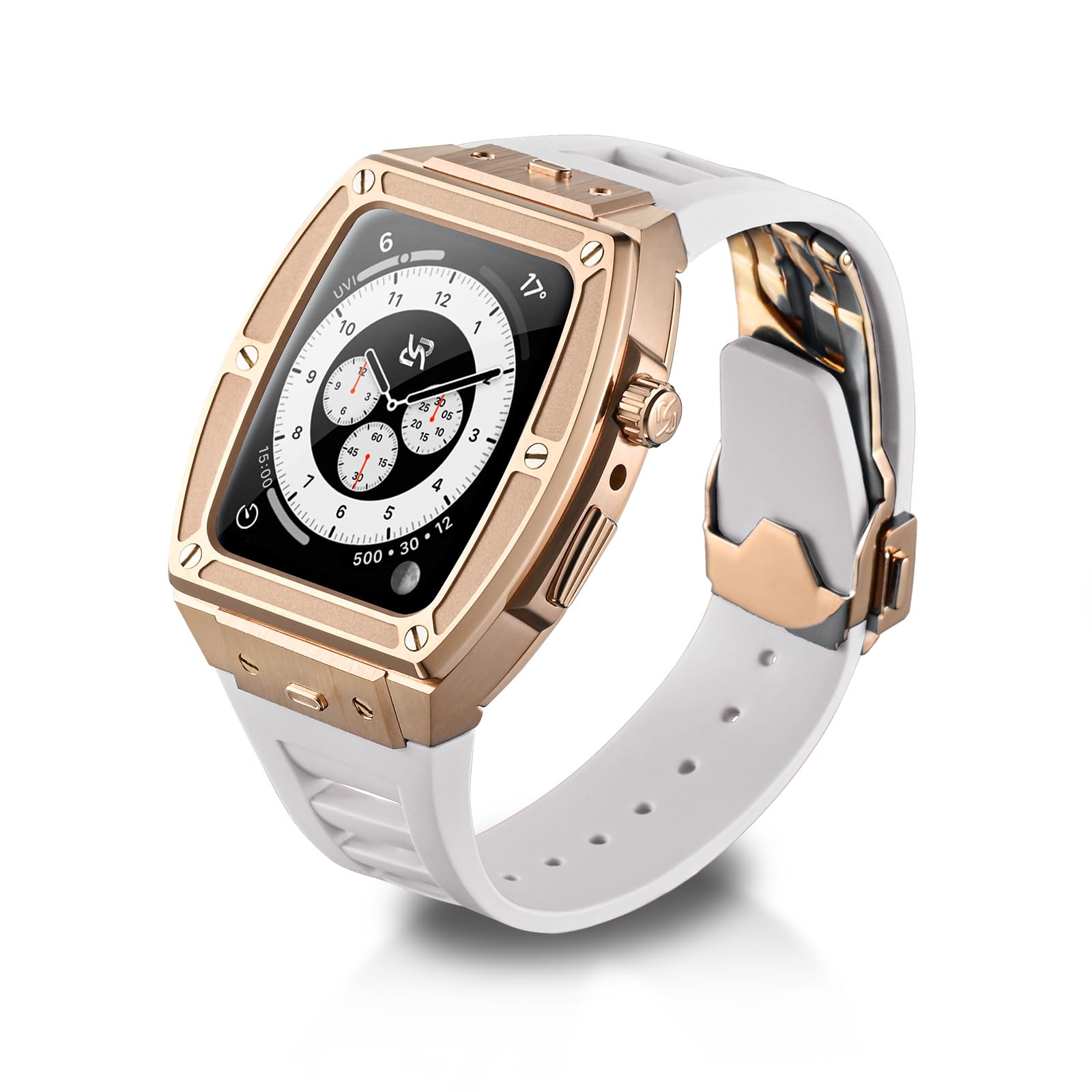RYUEUYA Luxury Design Stainless Steel Case and Leather Strap for Apple Watch Series 9 8 7 6 SE 44/45mm - Tactical Functions and Quick Change Strap for iWatch, 44/45MM, Polyester Stainless Steel