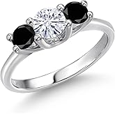 Gem Stone King 14K White Gold White Moissanite & Black Diamond 3-Stone Engagement Ring | 1.04 Cttw | Round 5MM and 4MM | 3 Stone Wedding Anniversary Promise Ring For Women