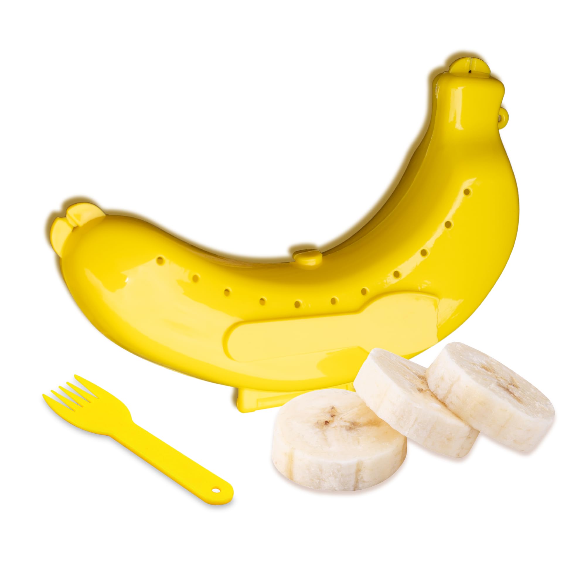 Navoys 18cm Banana Case Cover With a Fork - Yellow Banana Holder, Reusable, Protector Cover Fruit Container, BPA Free, Ideal for Travelling, Lunch, Picnic, Breakfast On The Go