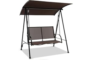 HAPPYGRILL 2-Person Patio Swing with Canopy, Heavy-Duty Metal Frame, Breathable Seat Fabric, Outdoor Loveseat Swing for Backyard, Balcony, Poolside