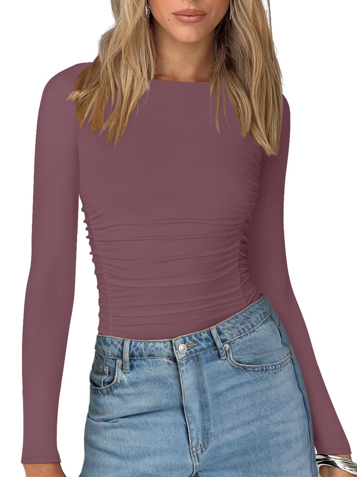 PINKMSTYLE Womens Crew Neck Ruched Long Sleeve Bodysuit Shapewear Corset Tops Sexy Concert Outfits Party Shirts Mauve Red XX-Large