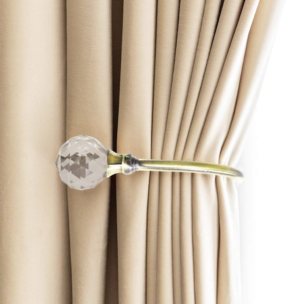 PHOEWON 2 Pack Curtain Holdbacks - Acrylic Crystal Ball Tie Backs, U Shaped Metal Wall Mounted Hook Backs (Small, Bronze)