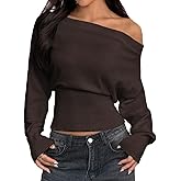 LOFAAC Women Sexy Off Shoulder Cinched Waist Knitted Sweater Top Asymmetrical Neck Long Sleeve Ribbed Pullover Jumper