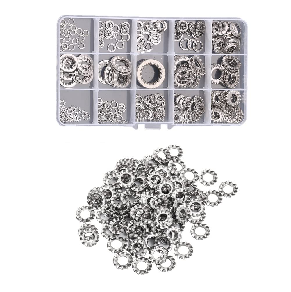 CONPHERON Internal External Serrated Washers Set, 250 Pcs External Internal Tooth Star Lock Washers Assortment Kit, M3 M4 M5 M6 M8 M10 M12, 304 Stainelss Steel